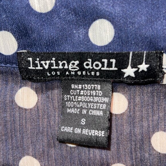 Living Doll Women Small Blue‎ White Dot Sheer Button Down Long Sleeve Blouse (U) - Picture 4 of 7